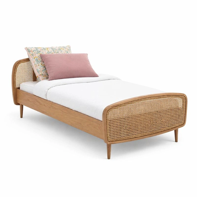 Cama individual madera natural con ratan-selviao